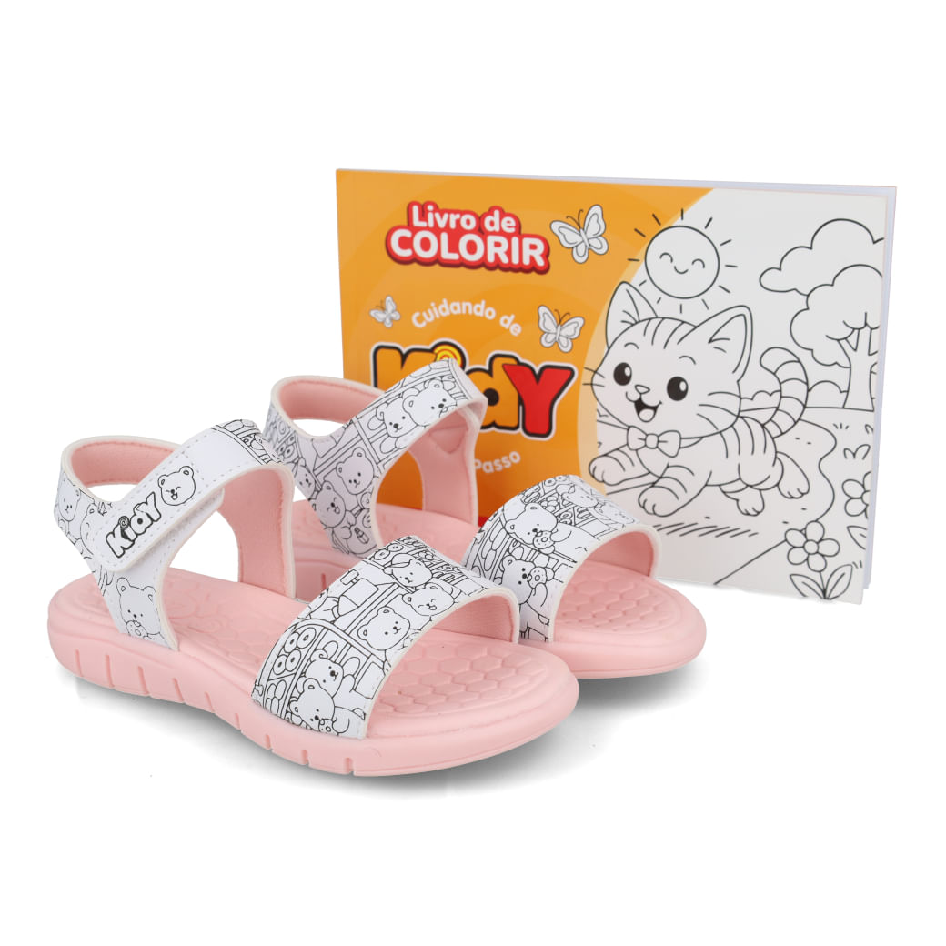 Sandália papete infantil Kidy branca e rosa com tiras estampadas e fechamento em velcro vista frontal
